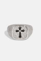 Black Enamel Cross & Iced Pave Signet - 15mm - White