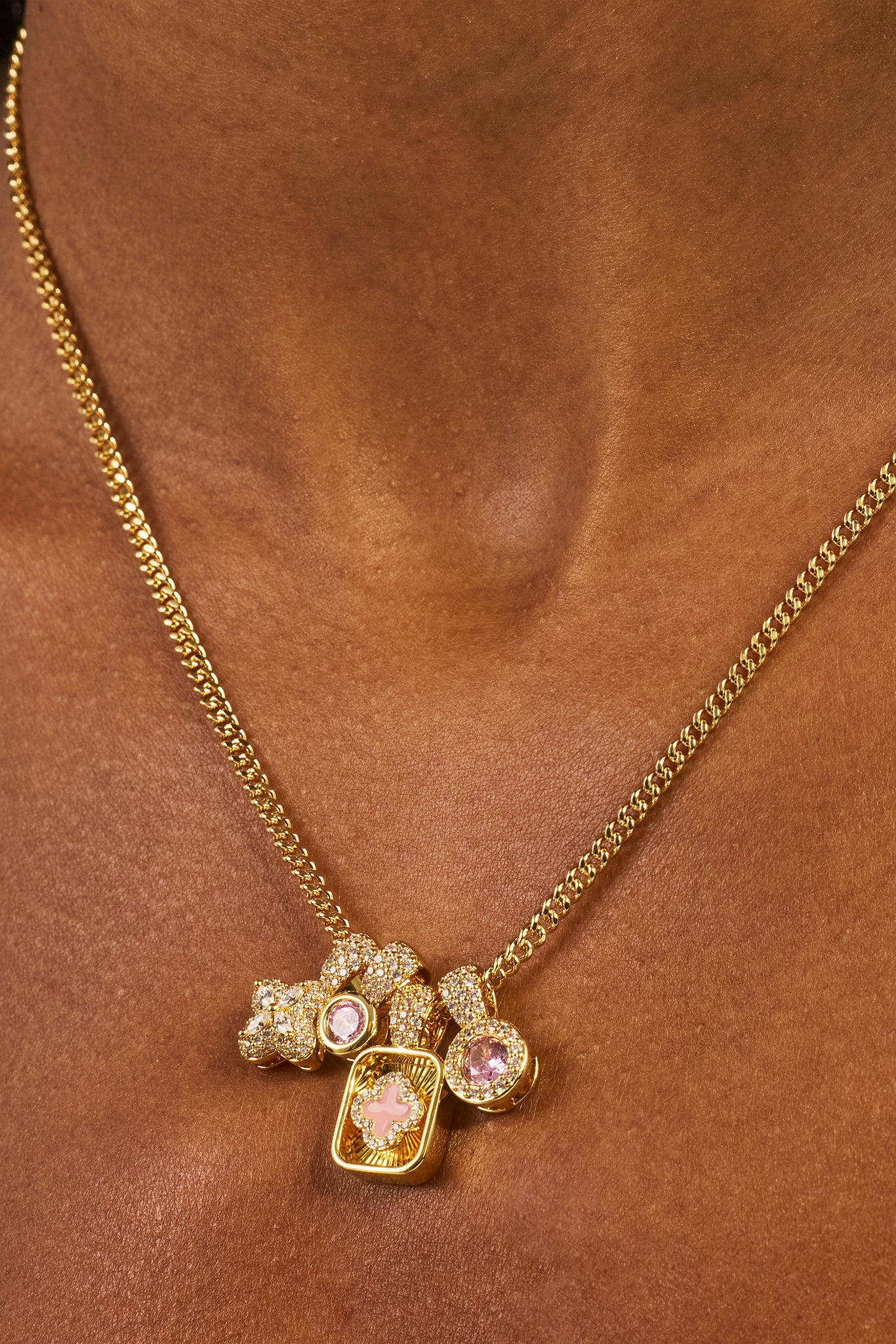 Multi Motif Pendant & Stone Pendant Necklace - 10mm - Gold