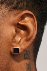Black Enamel Polished Square Stud Earrings - 8mm - White