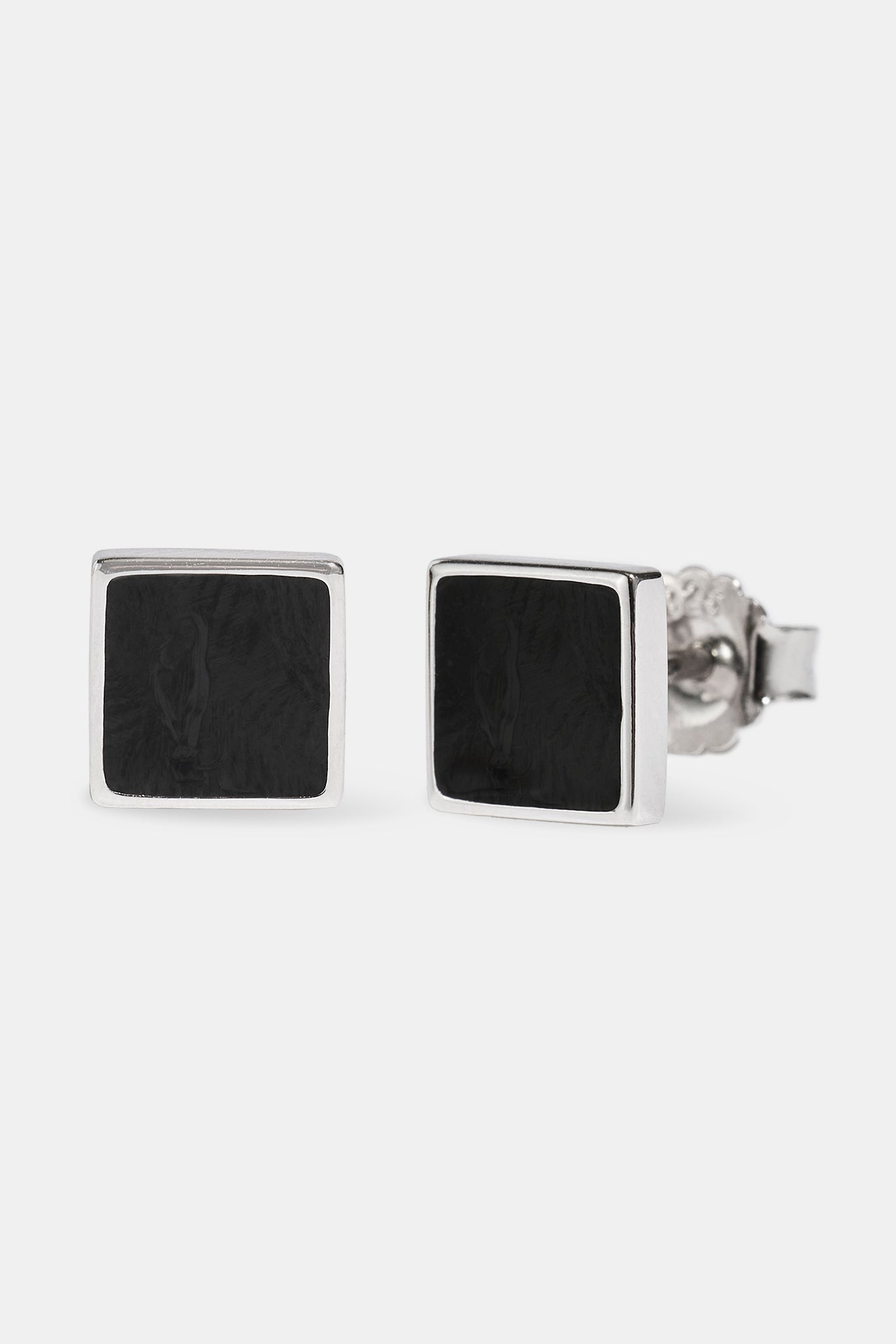 Black Enamel Polished Square Stud Earrings - 8mm - White