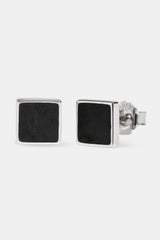 Black Enamel Polished Square Stud Earrings - 8mm - White