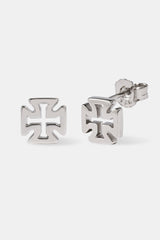 Polished Cross Motif Stud Earrings - 8mm - White