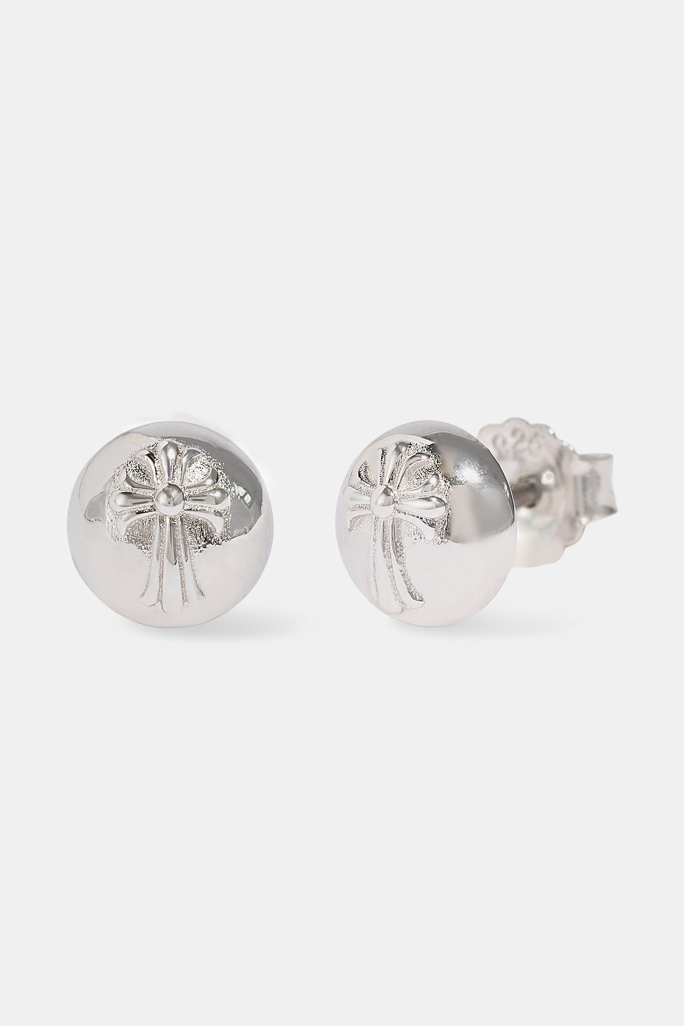 Polished Round Embossed Cross Stud Earrings - 8mm - White