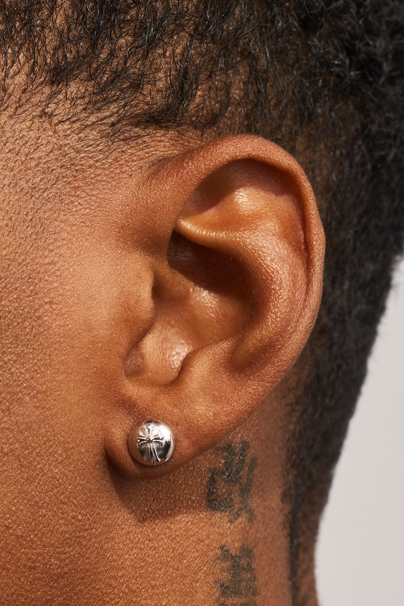 Polished Round Embossed Cross Stud Earrings - 8mm - White
