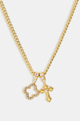 Iced Motif & Cross Pendant Necklace - 10mm - Gold