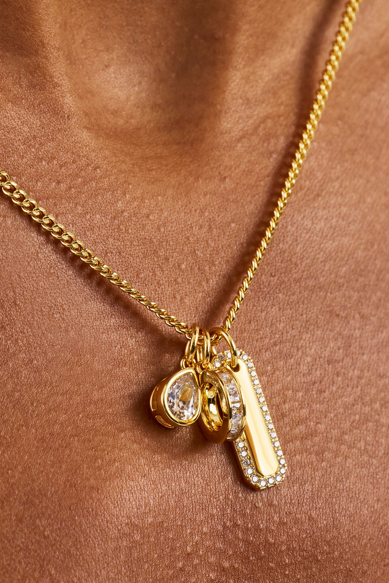 Triple Pendant Iced Necklace - 10mm - Gold