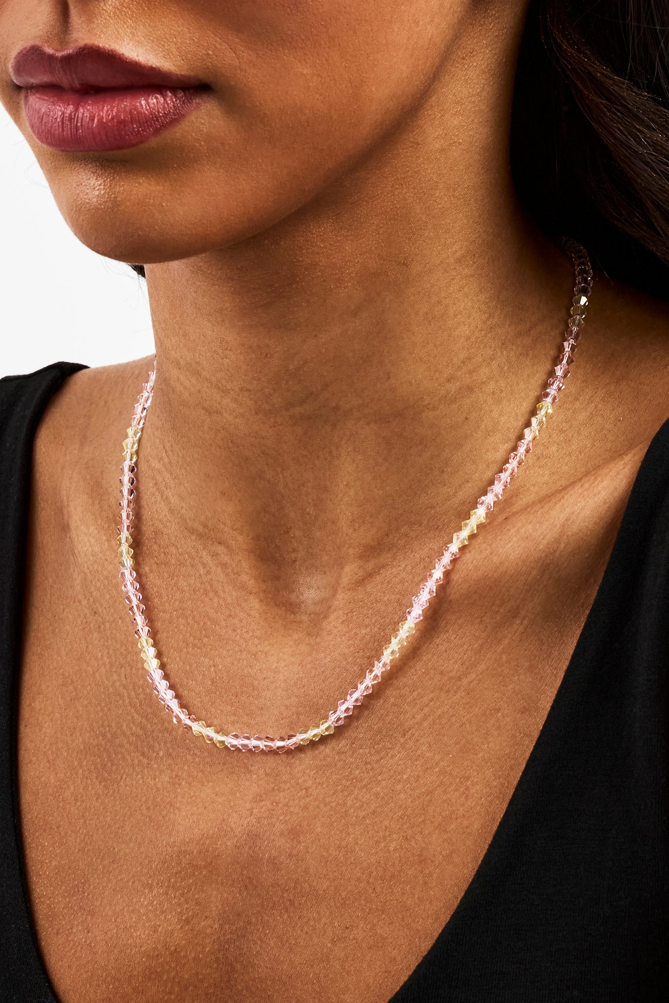Pink & Lemon Glass Bead Necklace - 4mm - White