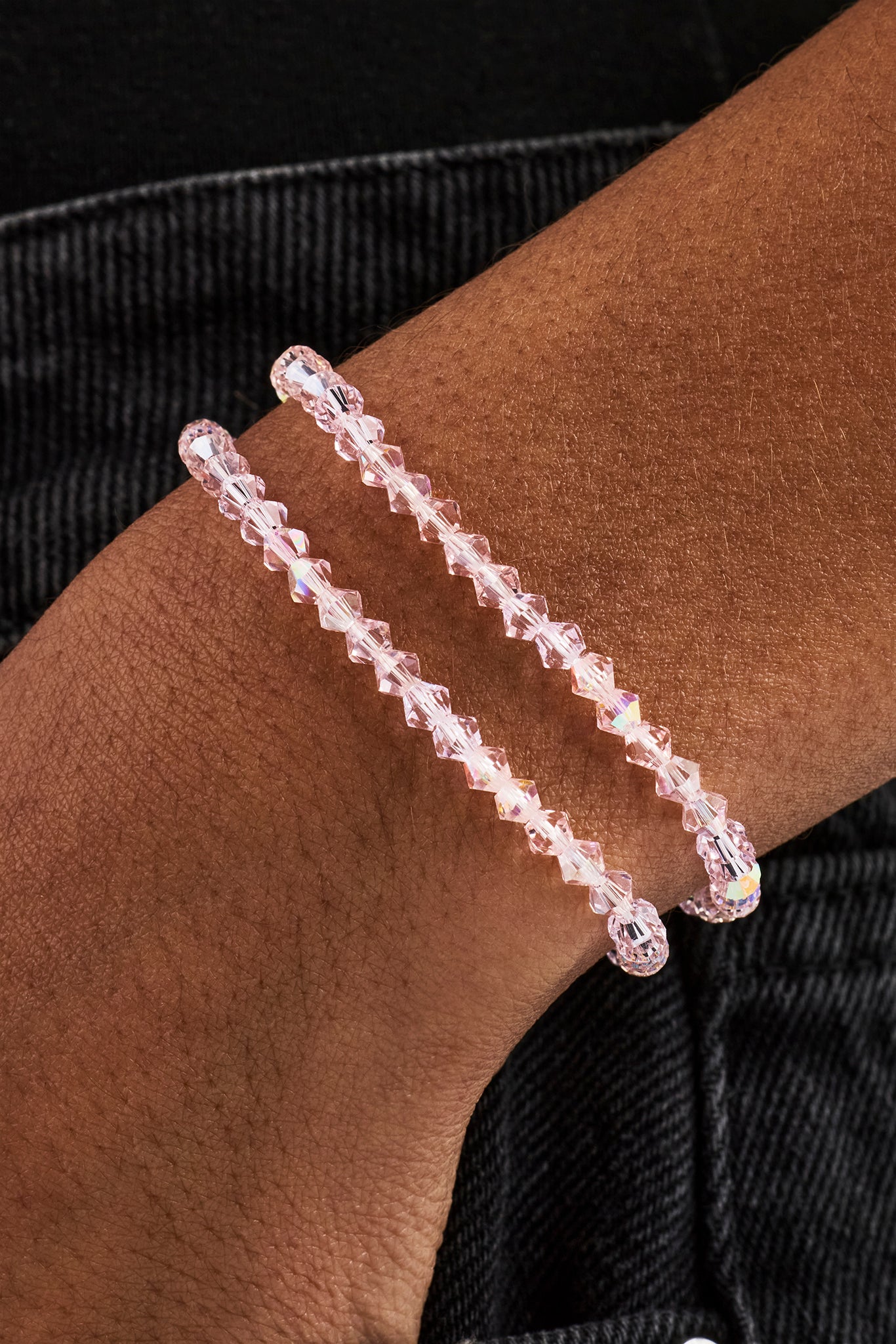 Pink Double Layer Glass Bead Bracelet - 4mm - White