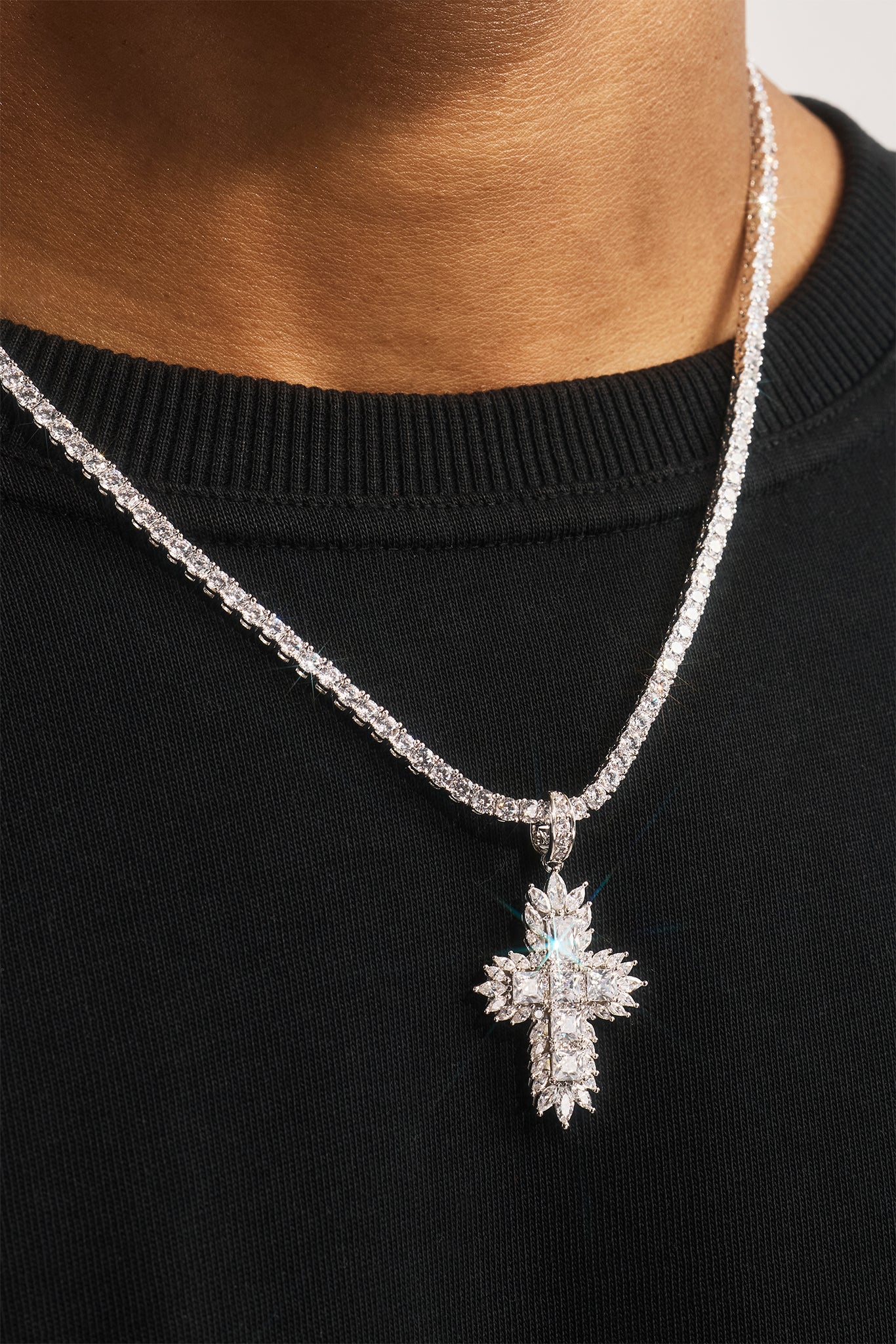 Gemstone Iced Cross Pendant Tennis Necklace - 30mm - White | Mens