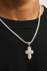 Gemstone Iced Cross Pendant Tennis Necklace - 30mm - White