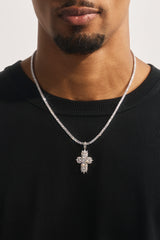 Gemstone Iced Cross Pendant Tennis Necklace - 30mm - White