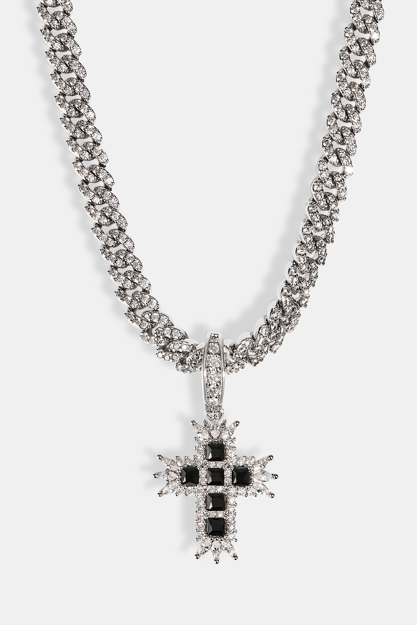 Black Iced Cross Pendant Cuban Necklace - 20mm - White