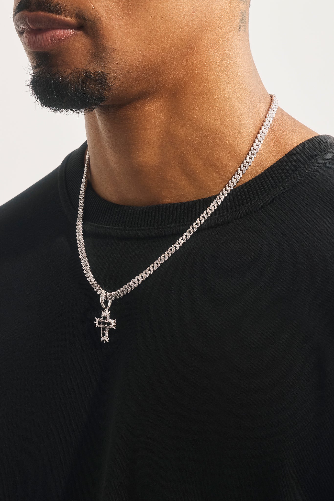 Black Iced Cross Pendant Cuban Necklace - 20mm - White