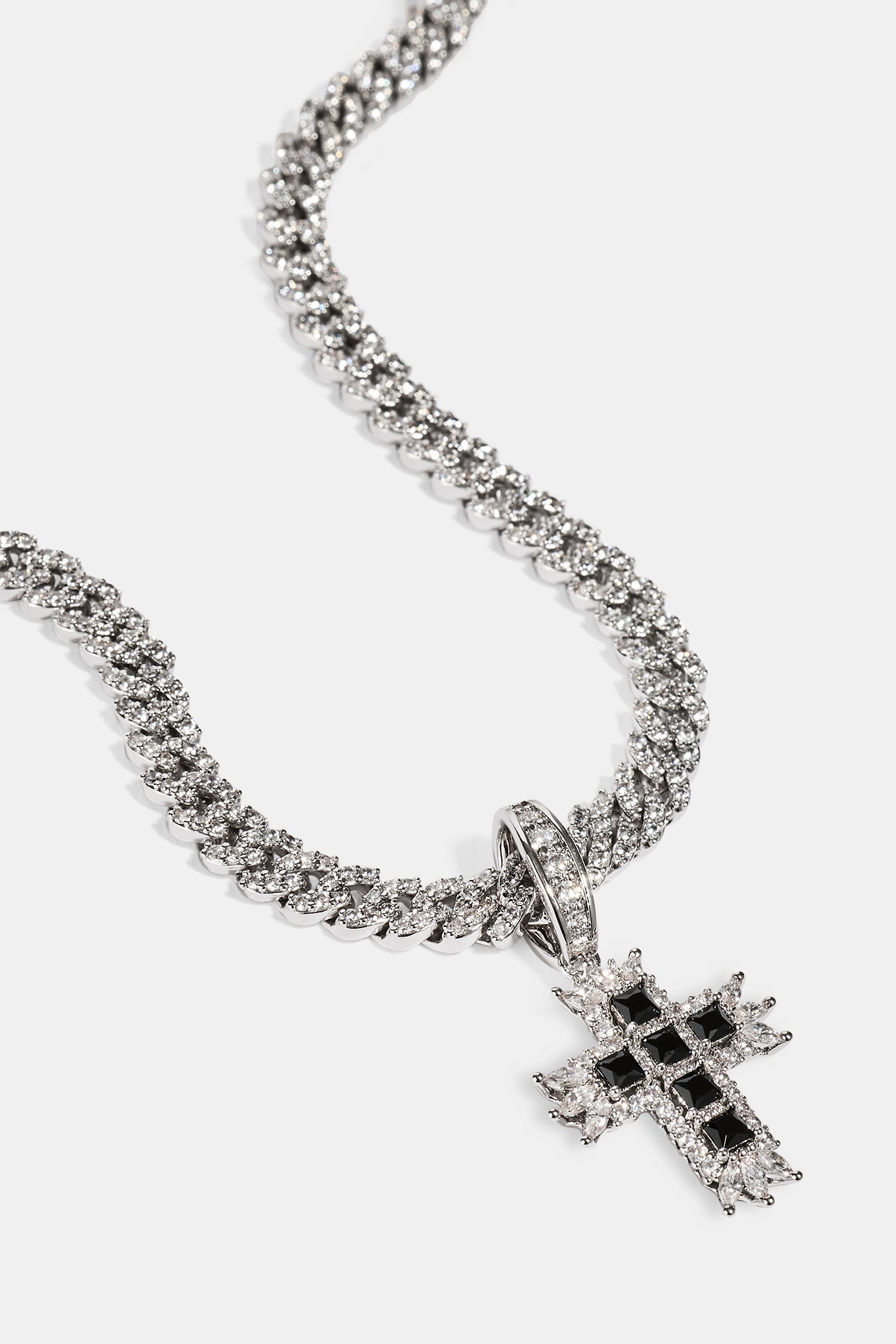 Black Iced Cross Pendant Cuban Necklace - 20mm - White