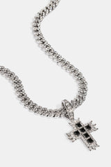 Black Iced Cross Pendant Cuban Necklace - 20mm - White