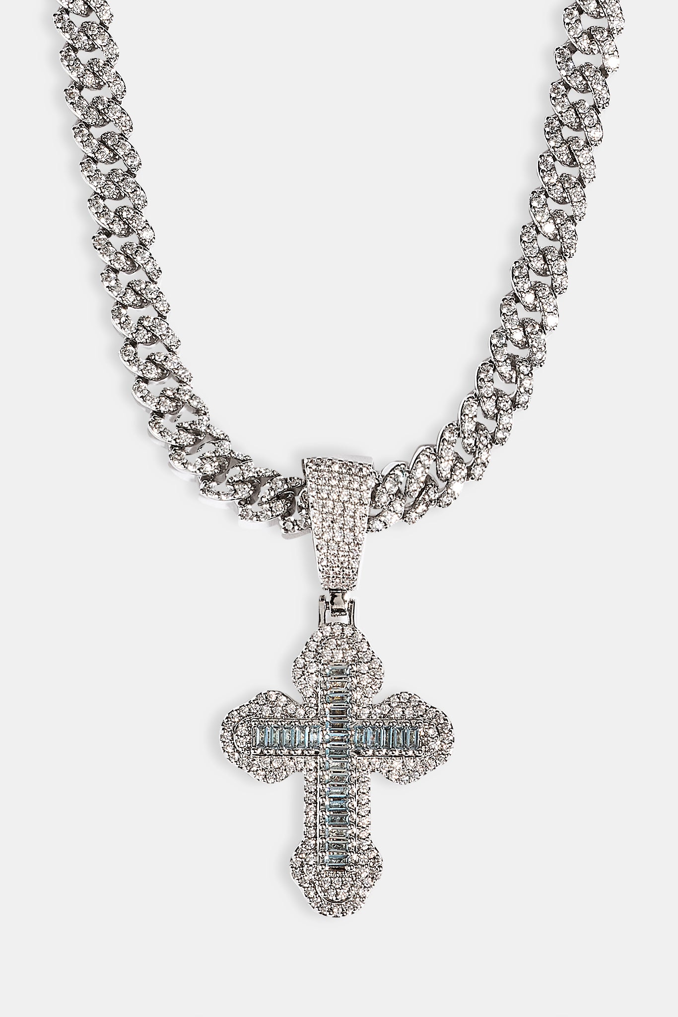 Blue Iced Cross Pendant Cuban Necklace - 25mm - White