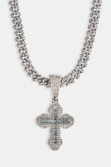 Blue Iced Cross Pendant Cuban Necklace - 25mm - White