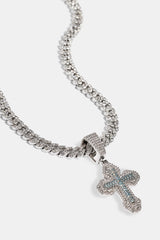 Blue Iced Cross Pendant Cuban Necklace - 25mm - White