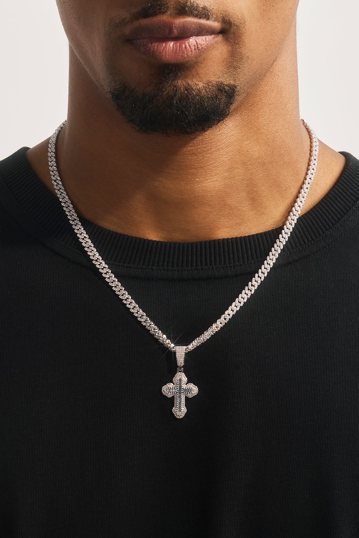 Blue Iced Cross Pendant Cuban Necklace - 25mm - White