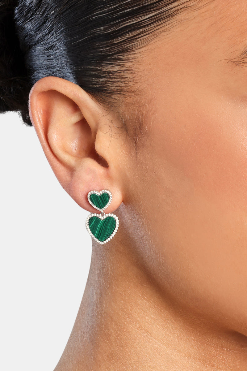 Green Malachite Heart Earrings - White