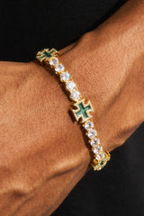 Green Cross Motif Tennis Bracelet - 5mm - Gold