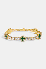 Green Cross Motif Tennis Bracelet - 5mm - Gold