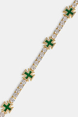 Green Cross Motif Tennis Bracelet - 5mm - Gold