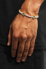 Green Cross Motif Tennis Bracelet - 5mm - Gold