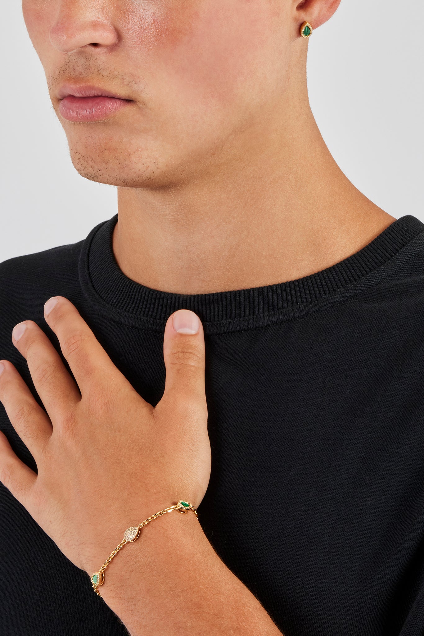 Green Malachite Stone Pear Rolo Bracelet & Stud Earrings