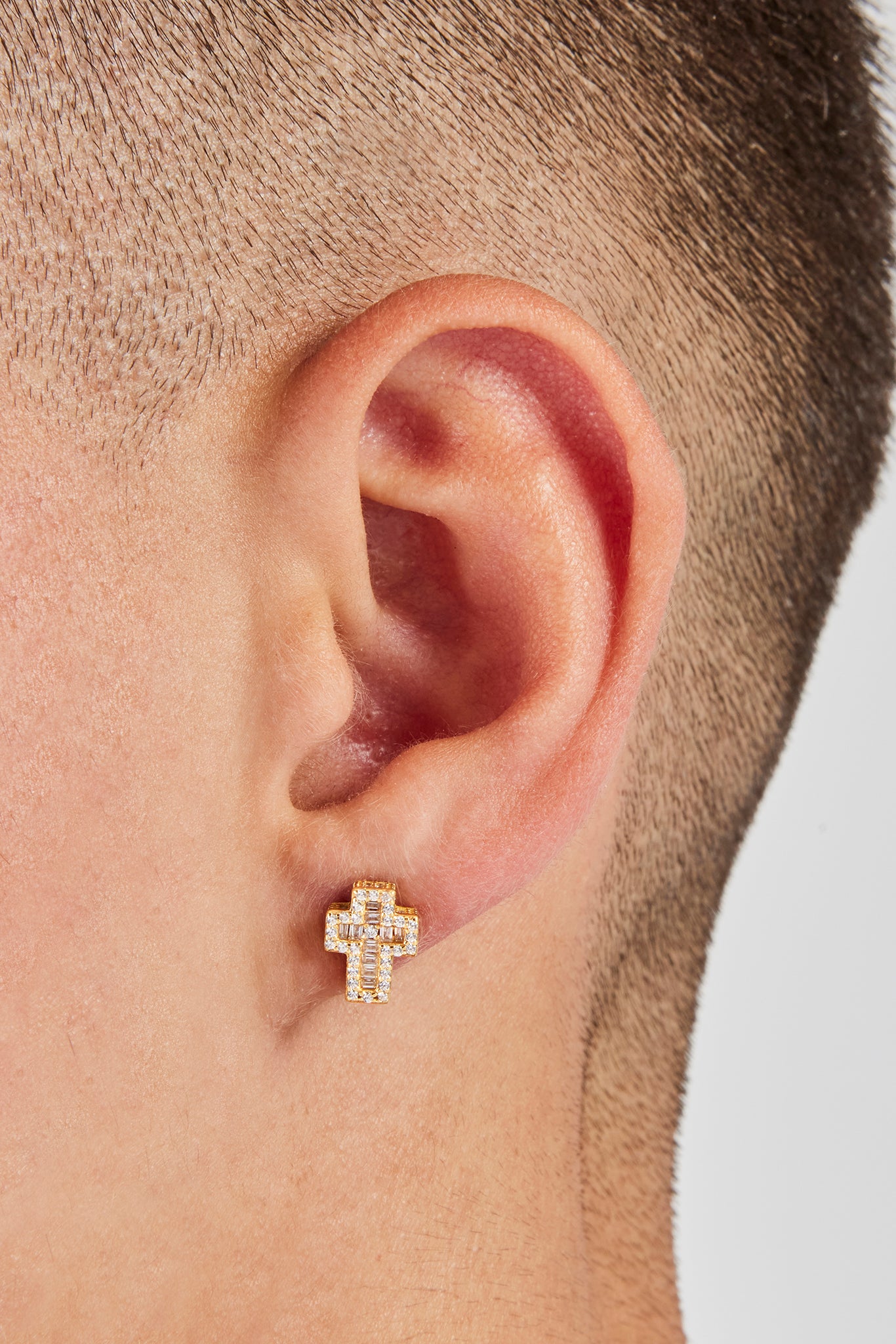 Iced Baguette Cross Stud Earrings - 8mm - Gold