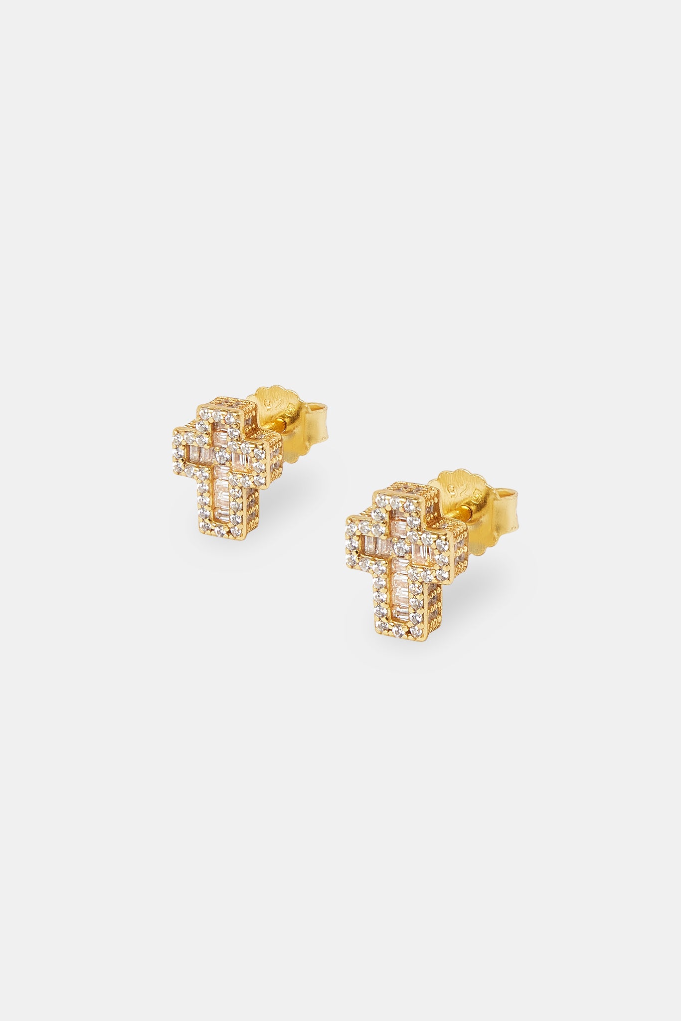 Iced Baguette Cross Stud Earrings - 8mm - Gold