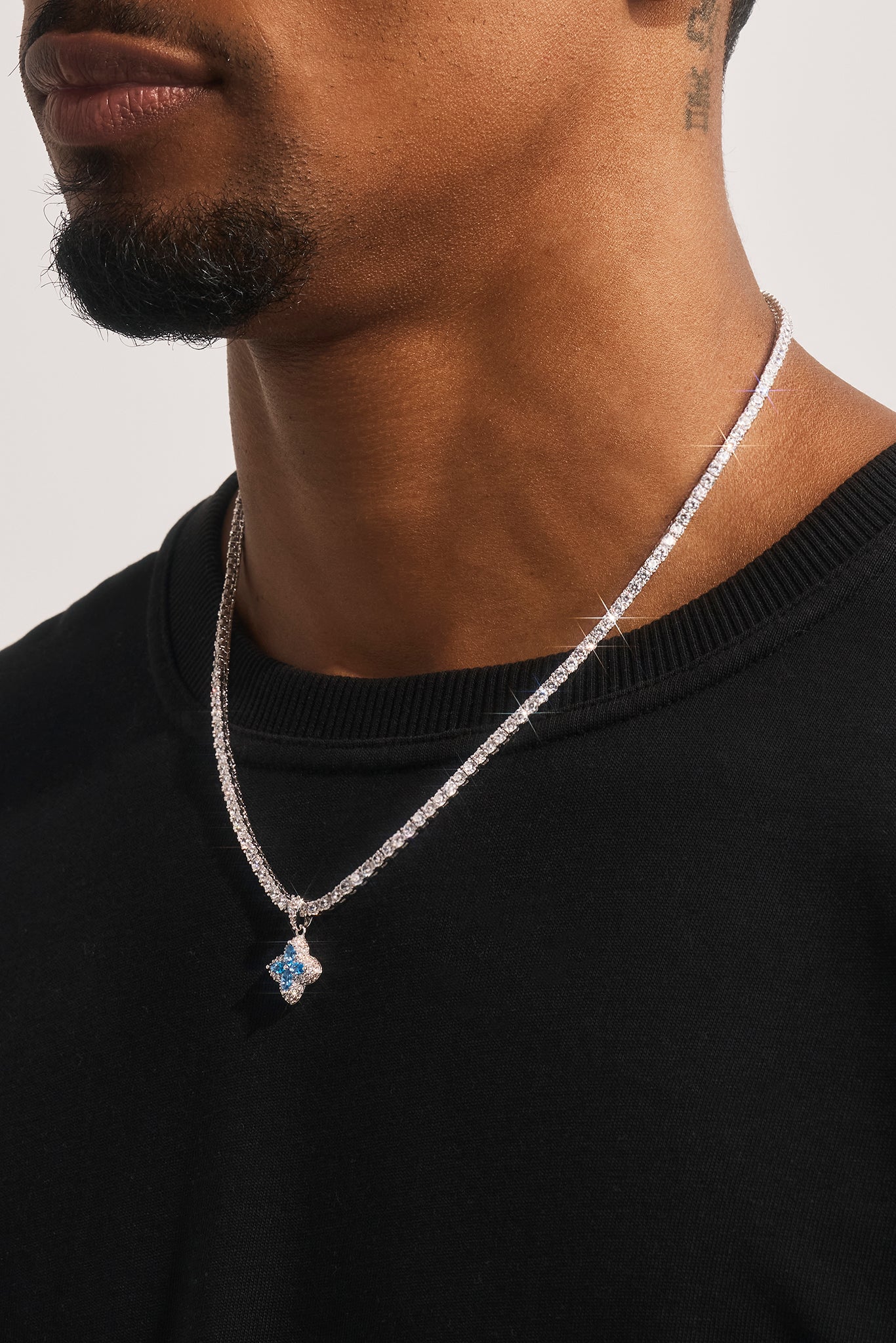 Iced Blue Baguette Motif Infinity Tennis Necklace - 15mm - White