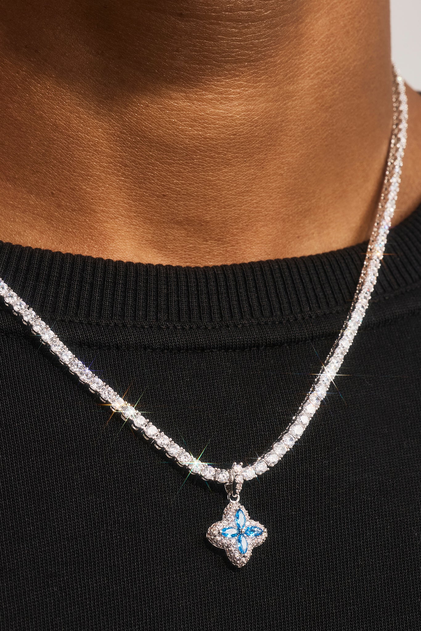 Iced Blue Baguette Motif Infinity Tennis Necklace - 15mm - White