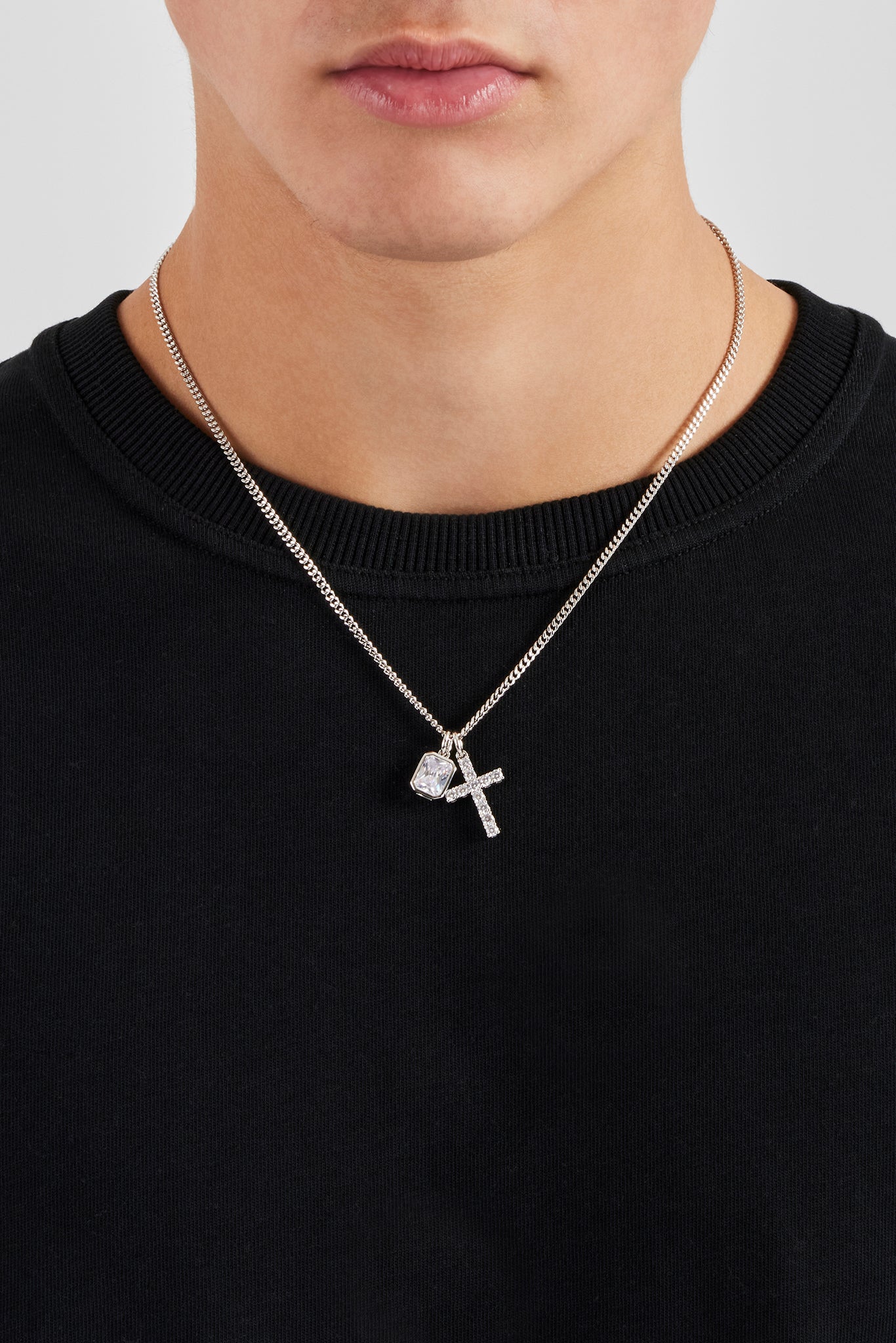 Iced Cross & Clear Gemstone Layered Necklace - 20mm | Mens