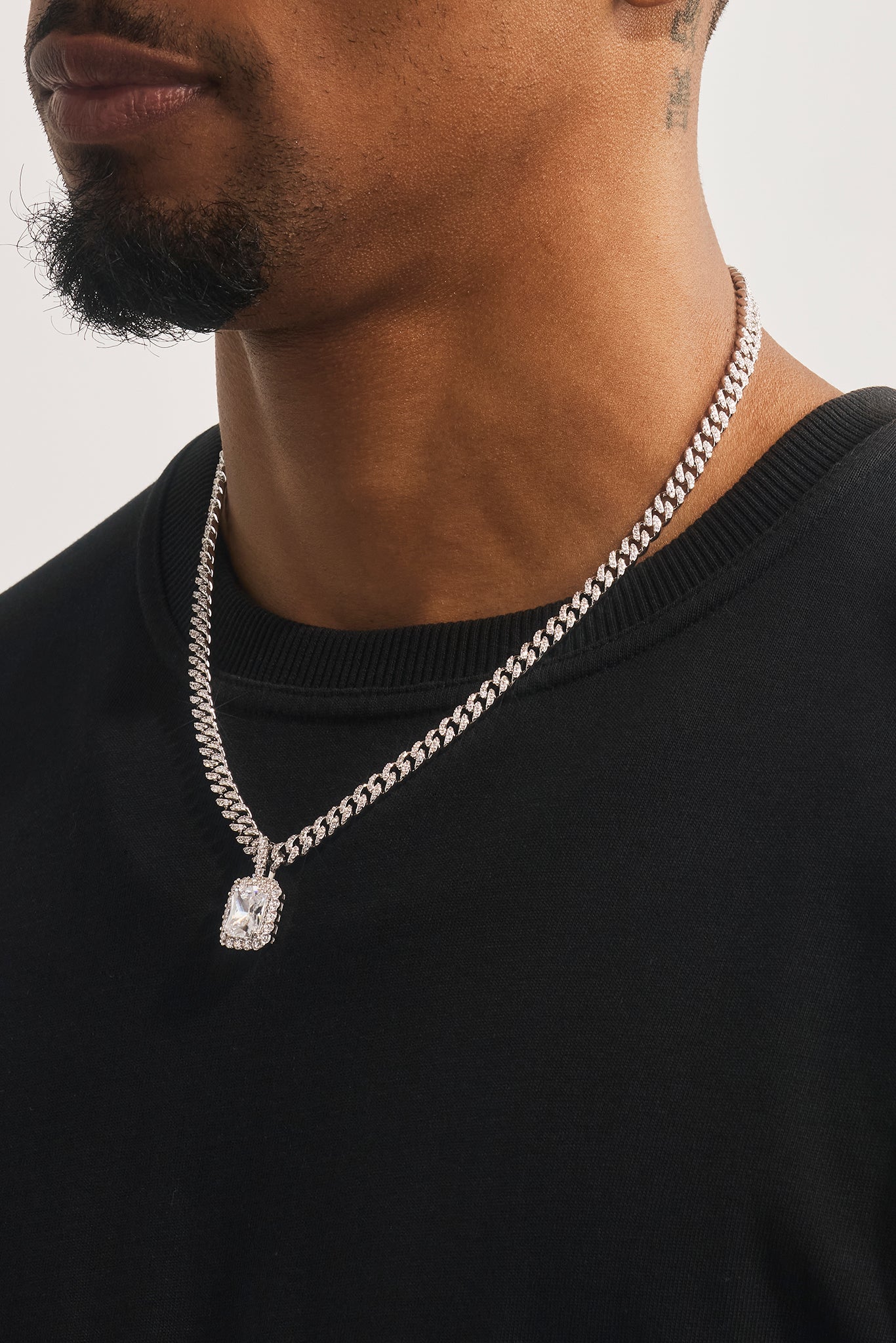 Iced Gemstone Pendant Cuban Necklace - 25mm - White