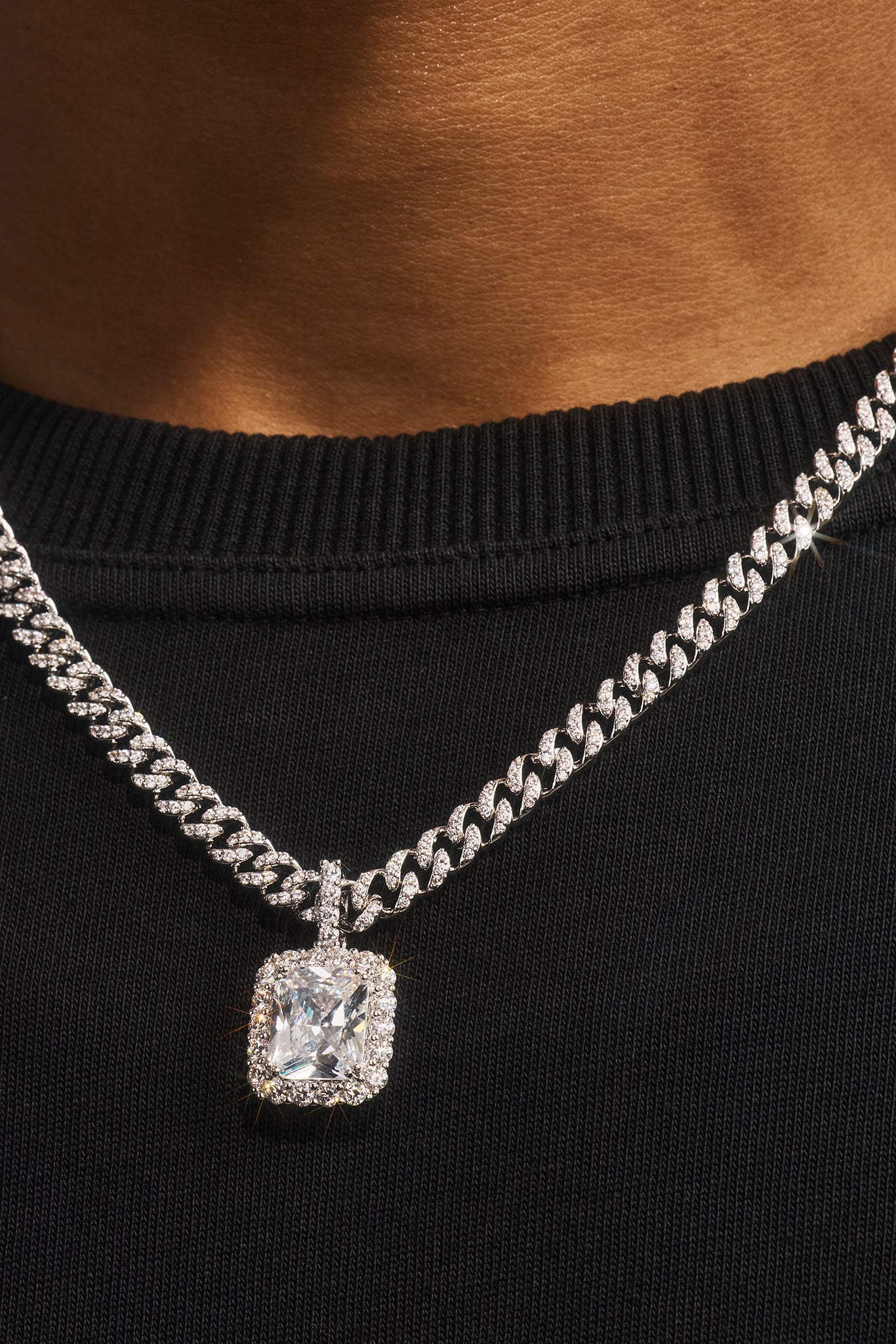 Iced Gemstone Pendant Cuban Necklace - 25mm - White