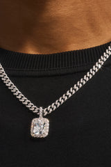 Iced Gemstone Pendant Cuban Necklace - 25mm - White