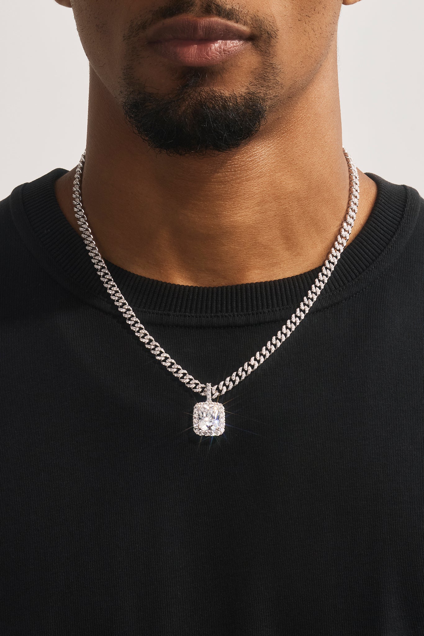 Iced Gemstone Pendant Cuban Necklace - 25mm - White