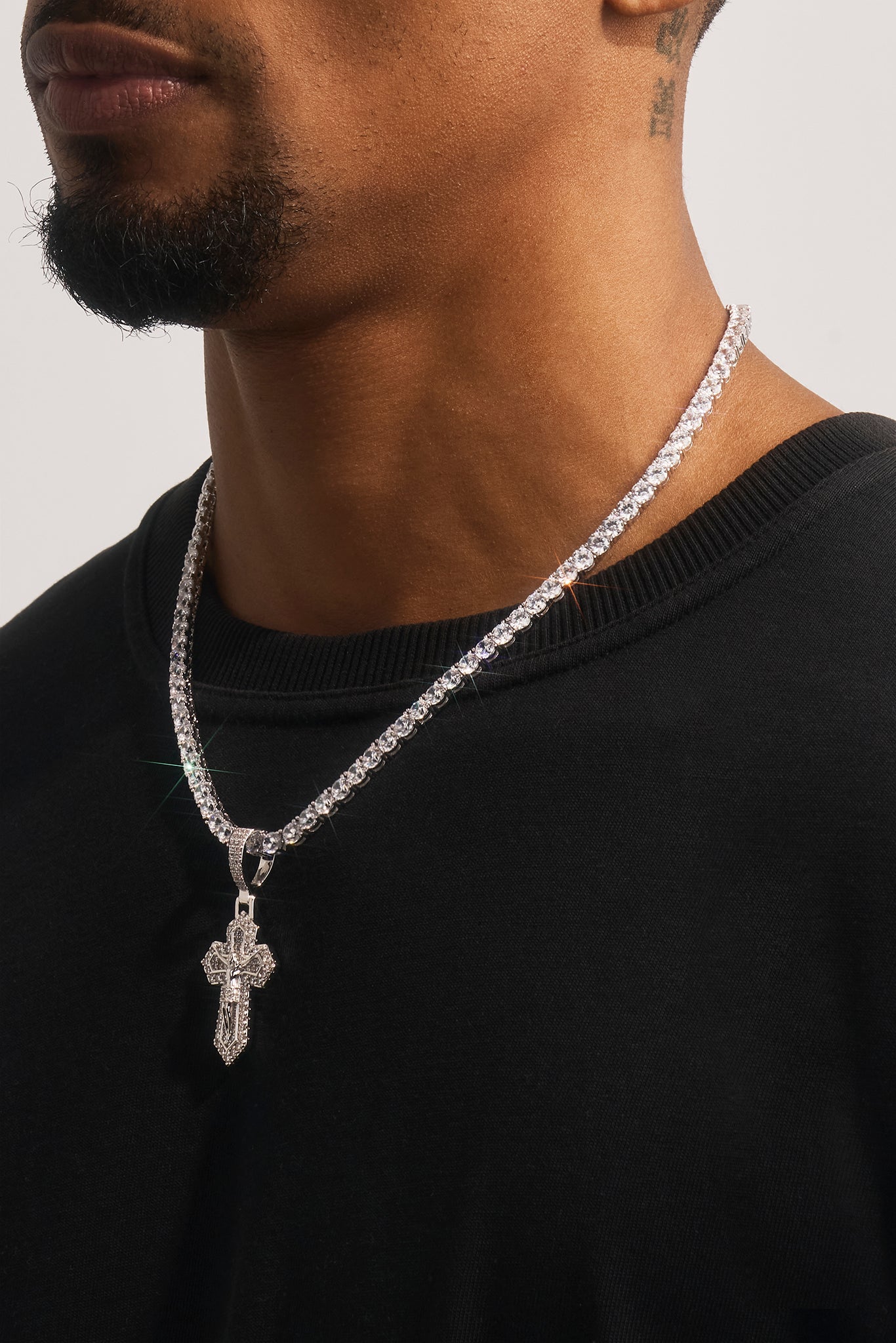Iced Jesus Cross Pendant Tennis Necklace - 35mm - White