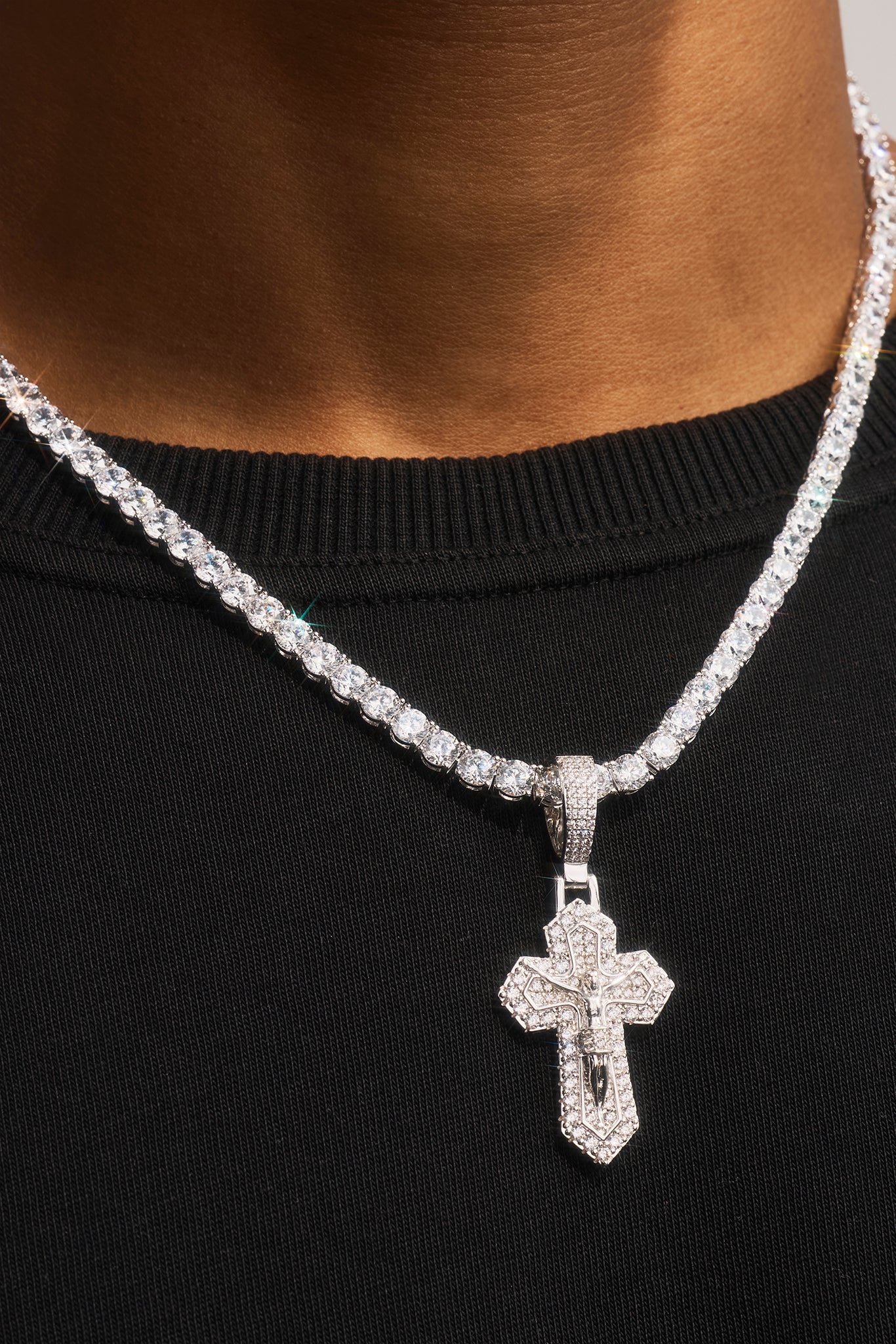Iced Jesus Cross Pendant Tennis Necklace - 35mm - White