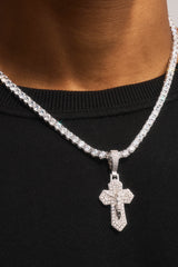 Iced Jesus Cross Pendant Tennis Necklace - 35mm - White