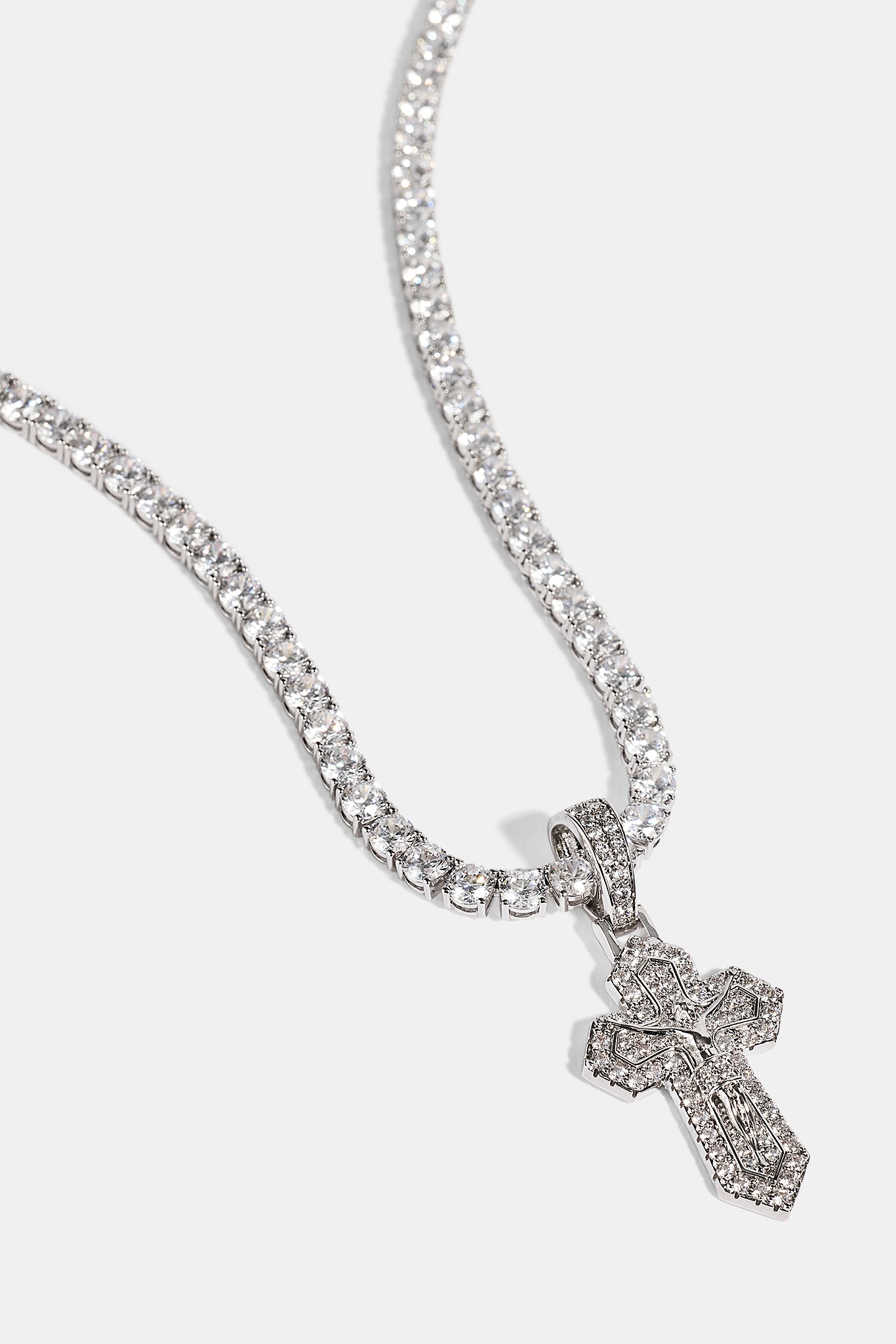 Iced Jesus Cross Pendant Tennis Necklace - 35mm - White