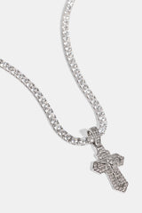 Iced Jesus Cross Pendant Tennis Necklace - 35mm - White