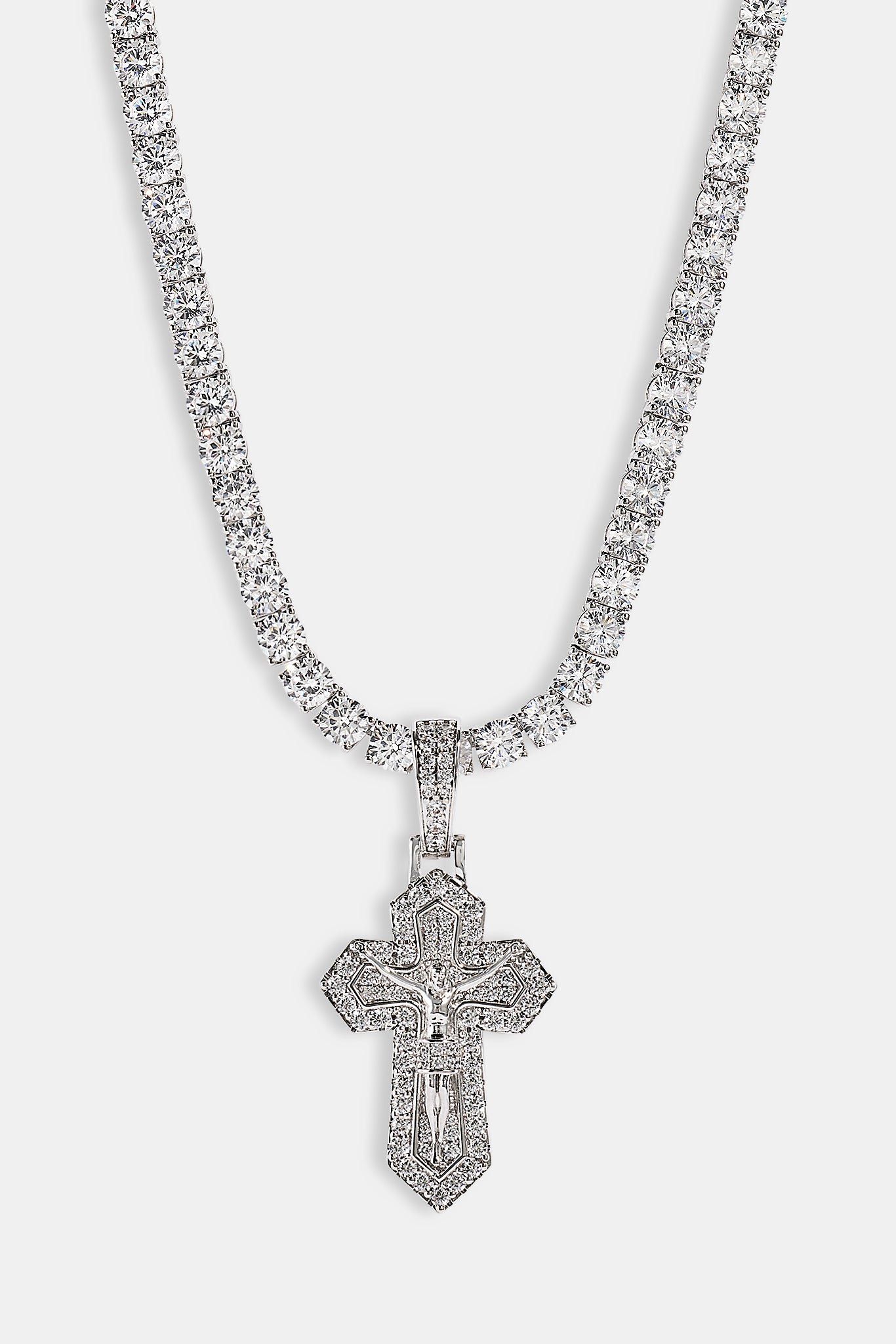 Iced Jesus Cross Pendant Tennis Necklace - 35mm - White