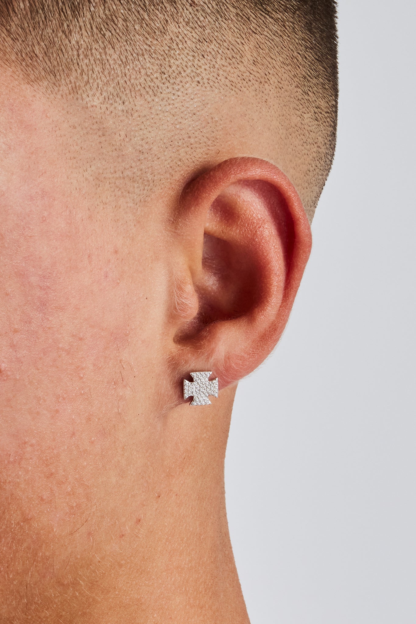 Men's Gold Plated Small Cross Sterling Silver Iced Stud Earrings - Cubic Zirconia