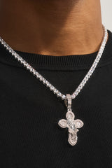 Iced Prayer Hand Cross Pendant Tennis Necklace - 40mm - White