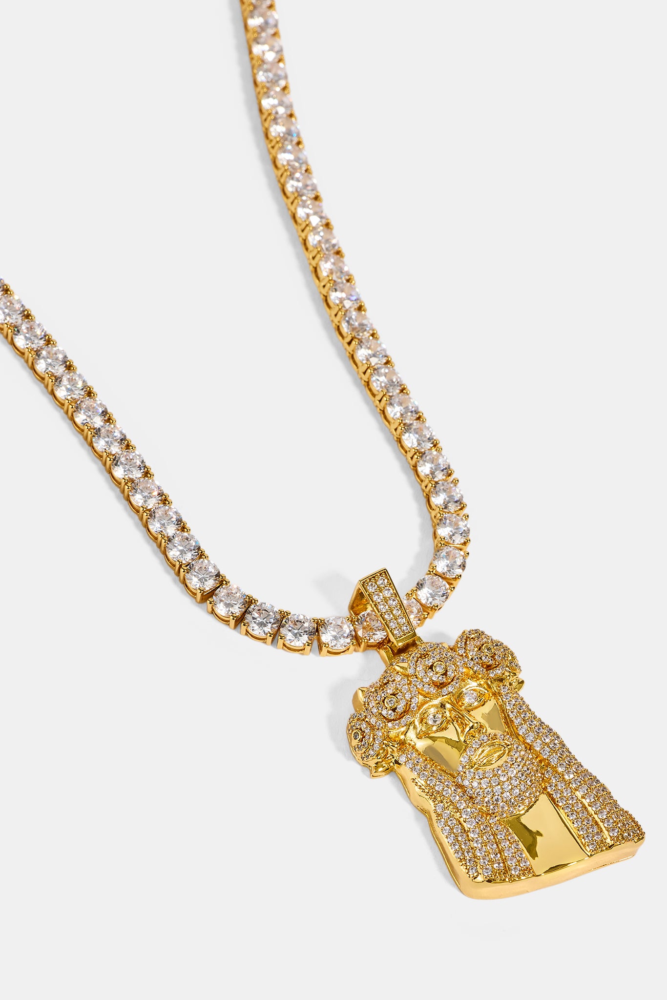 Iced Rose Portrait Pendant Tennis Necklace - 40mm - Gold