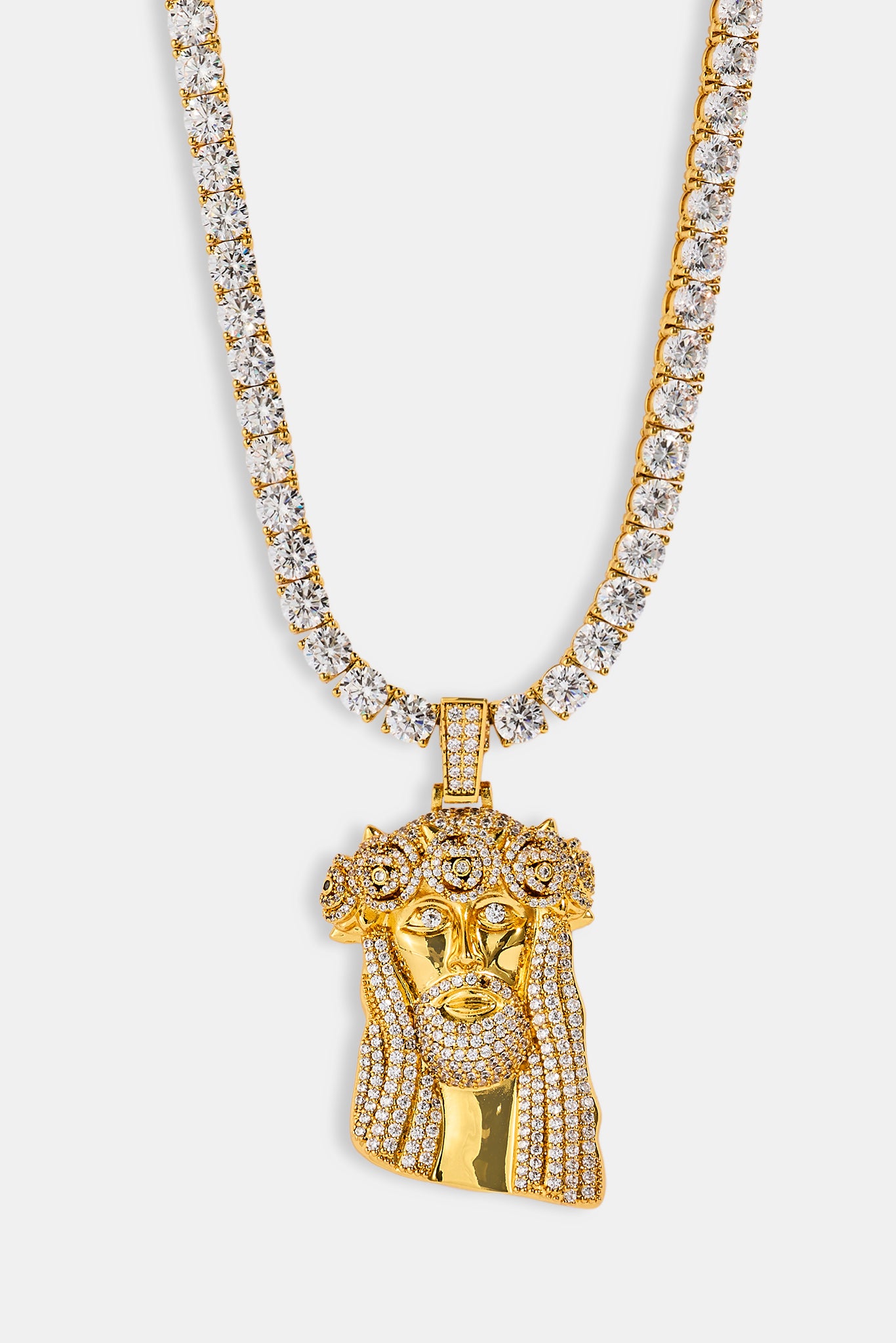 Iced Rose Portrait Pendant Tennis Necklace - 40mm - Gold