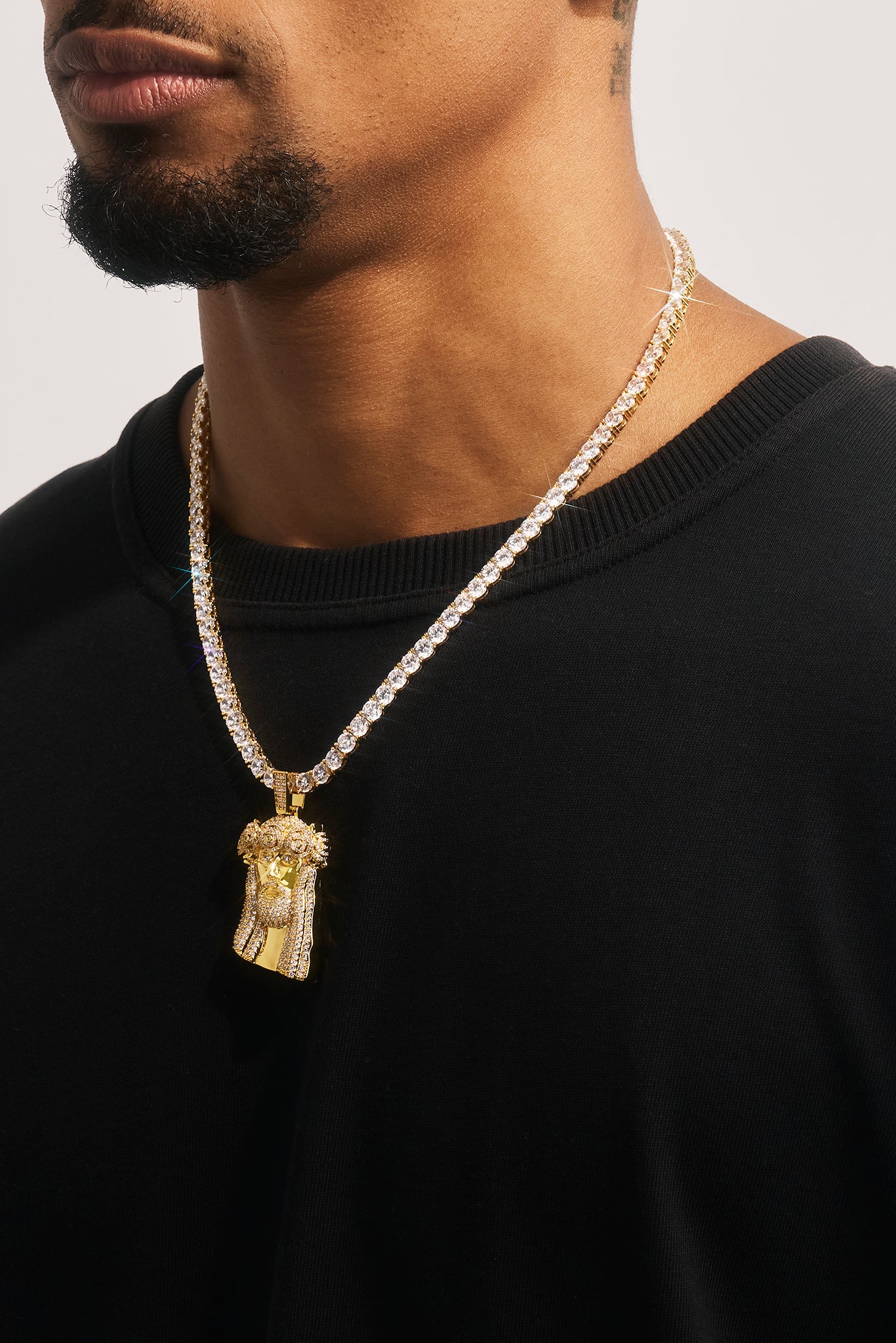 Iced Rose Portrait Pendant Tennis Necklace - 40mm - Gold