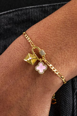Iced Bar Pendant & Pink Enamel Motif Bracelet - 10mm - Gold